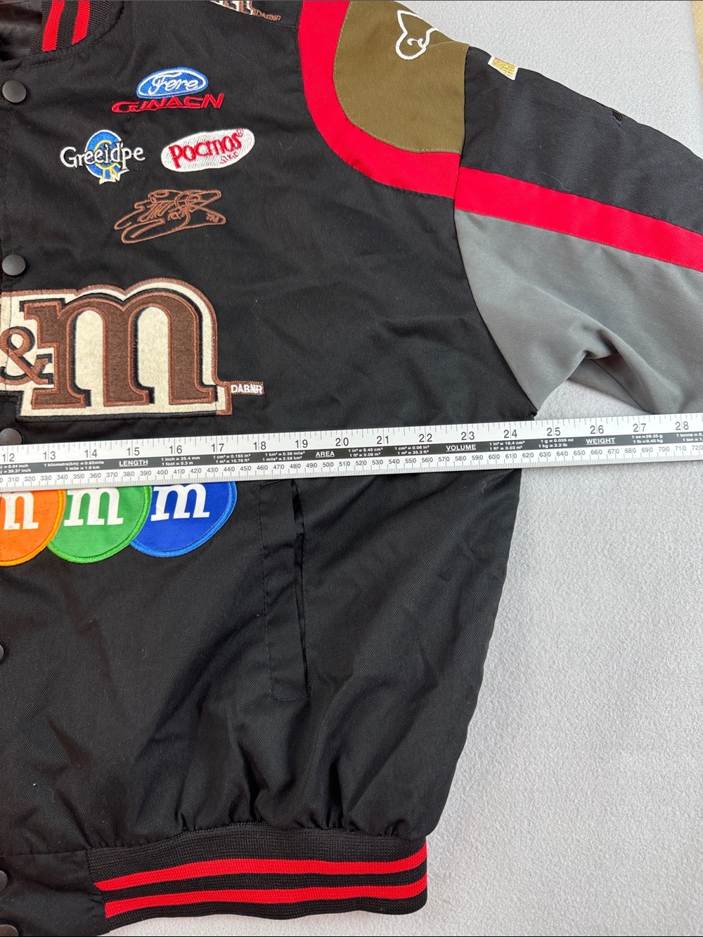 M&M's Black Racing Patch Bomber Jacket with Multicolor Patches - Picture 11 of 12